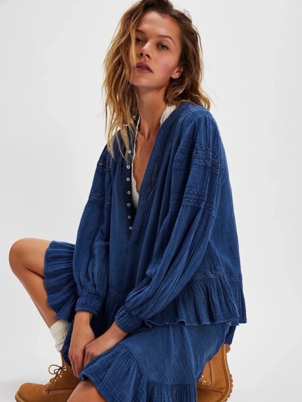 NWT Free People Sachi Denim Blue Boho Cottage Ruffle Cotton Mini Dress